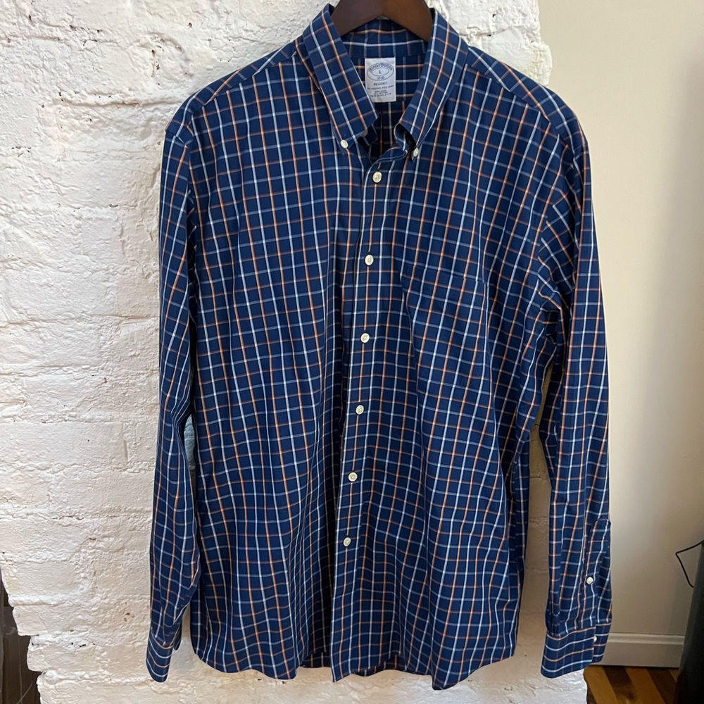Brooks Brothers Navy and Orange Checked Button Down Regent Dress Shirt
